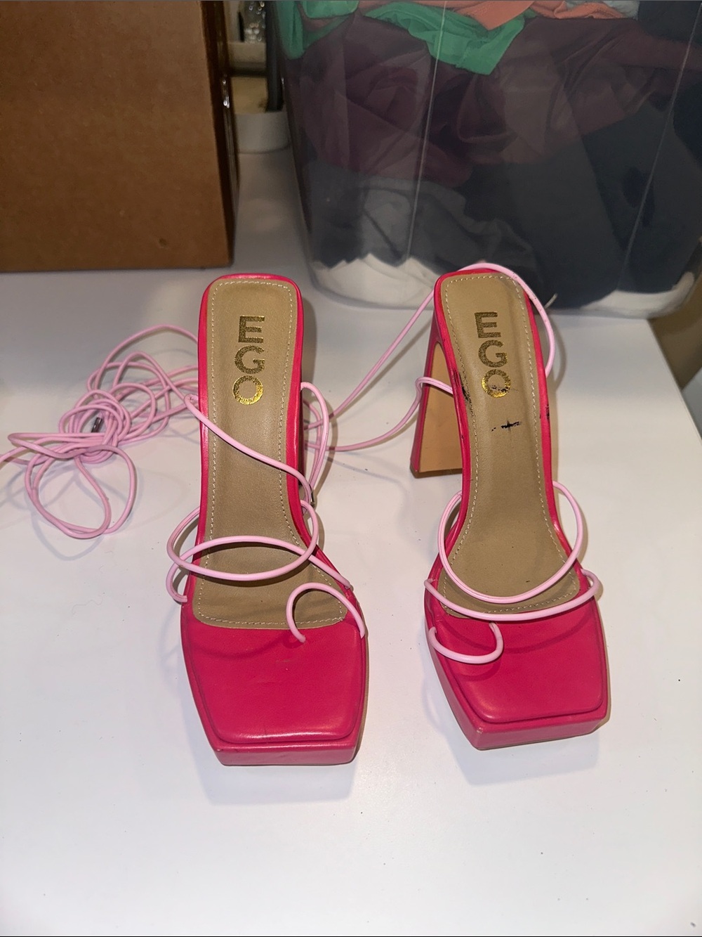EGO Hot Pink Square-Toe Lace-Up Block Heels with Pale Pink Straps